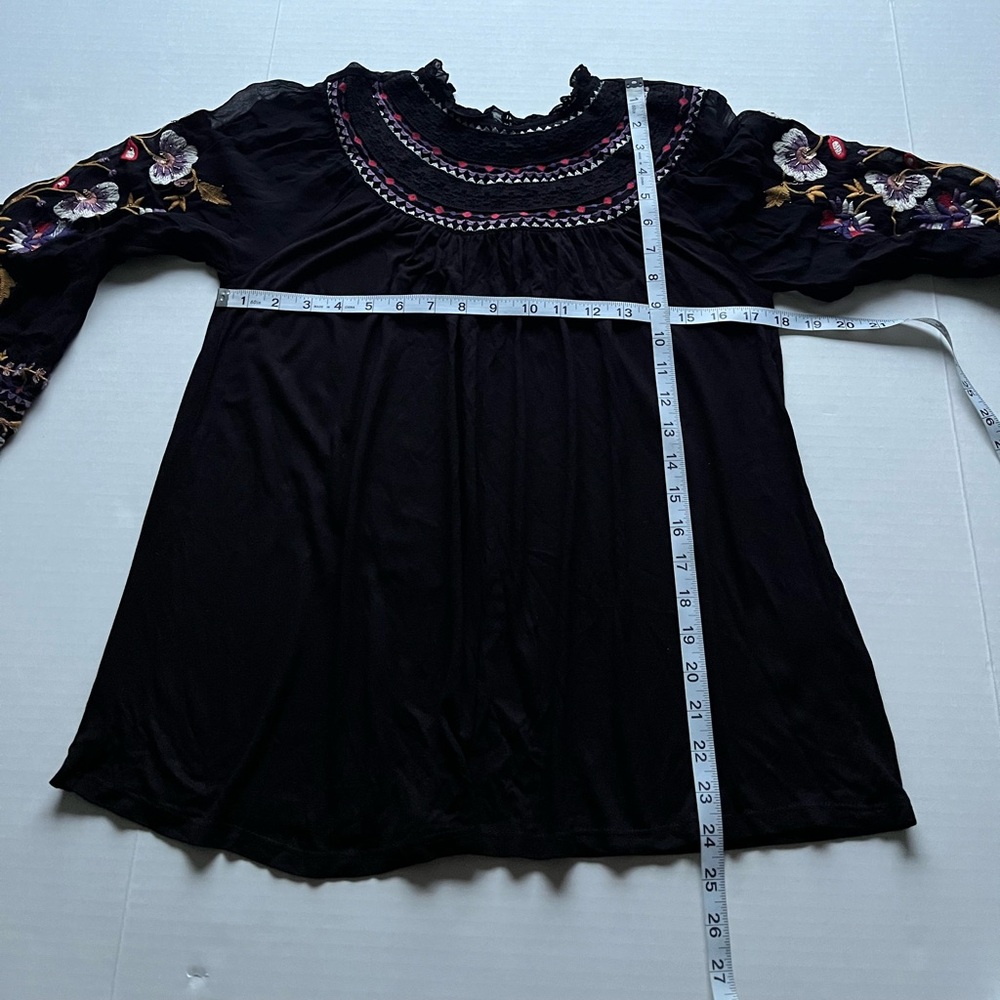 Akemi + Kin Louise Black Floral Embroidery Sheer Long Sleeve Boho Peasant Top - Picture 13 of 16
